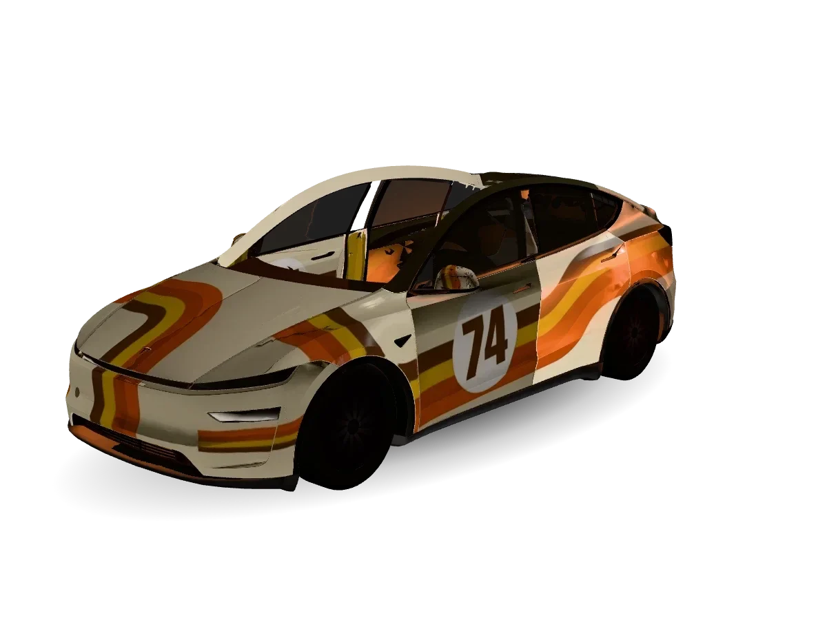 同一张复古 74 号车衣在 3D Model Y 上的效果