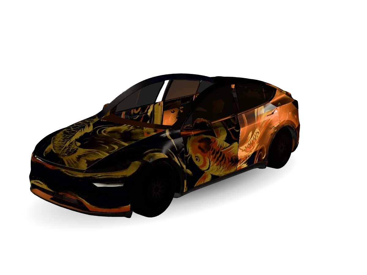Two Koi Fish Swimming Forward Along Tesla wrap for Model Y 2025+ Premium